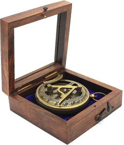 Solid Brass Sundial Compass with Wooden Box