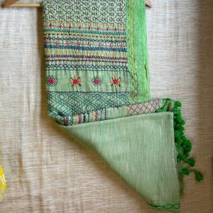 Handloom cotton saree with Lambani hand embroidery-Green