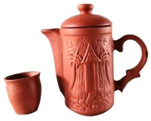 Cylindrical Clay Jug And Glass Set