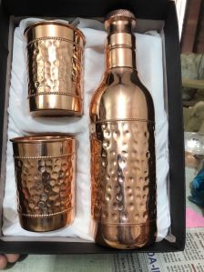 Hammered Copper Bottle With Glass Set