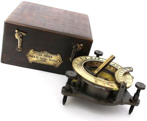 Brass Sundial Compass With Wooden Case