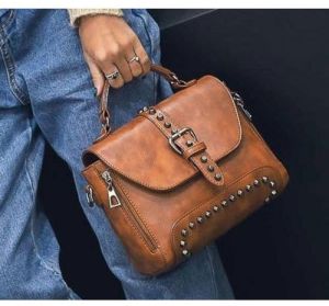 Plain Ladies Leather Handbag, Color : Brown