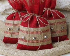 Hand Embroidered Jute Pouches With Drawstring and Beautifully Star Woven Design In Red Color