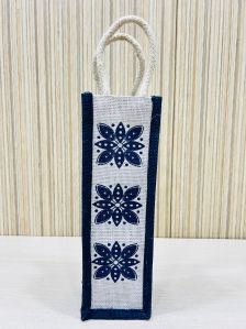 Printed Jute Wine Bottle Bag With White Cotton Handle