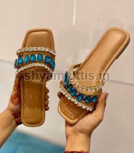 Ladies Heavy Stone Studded Flat Sandals, Sole Material : Leather