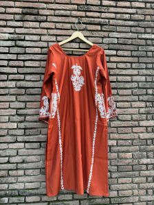 Kashida Embroidery Muslin Rust Kurta, Gender : Female