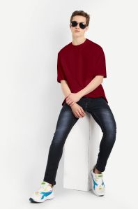 Mens Cotton Plain Oversized Maroon T-shirt GSM, Size S/M/L/XL/XXL