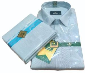 Mens Blue Border Dhoti Grey Shirt Set