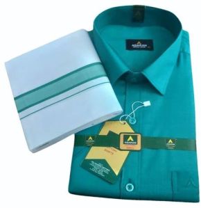 Mens Blue Green Cotton Shirt Dhoti Set