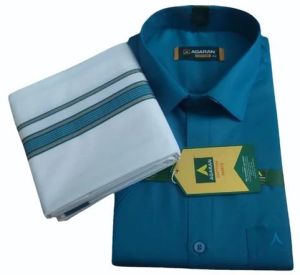 Mens Dull Blue Cotton Shirt Dhoti Set