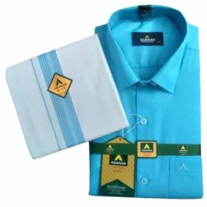 Mens Light Blue Cotton Shirt Dhoti Set