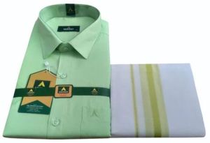 Mens Light Green Cotton Shirt Dhoti Set