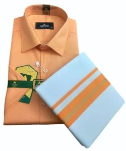 Mens Orange Cotton Shirt Dhoti Set