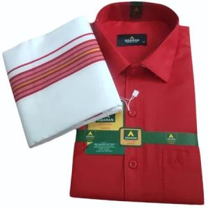 Mens Red Cotton Shirt Dhoti Set