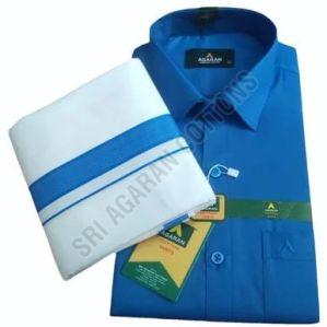 Mens Blue Cotton Shirt Dhoti Set, Occasion (Style Type) : Casual Wear