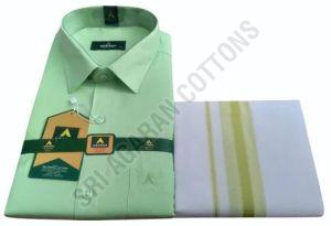 Mens Light Green Cotton Shirt Dhoti Set