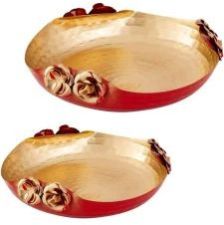 Set Of 2 Red and Gold Hammered Rose Candle Urli