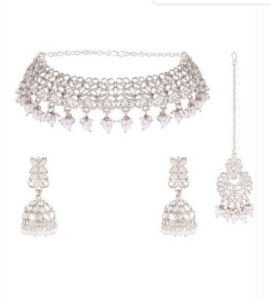 White Rhodium Plated Designer Choker Necklace Set