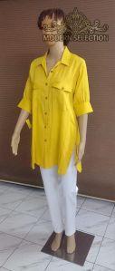 Modern Selection Collar Neck Yellow Cotton Shirt Dress, Sleeve Style : 3/4th Sleeves