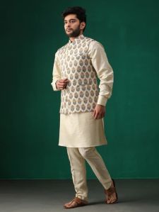 Classic Yellow Floral Printed Bundi For Men