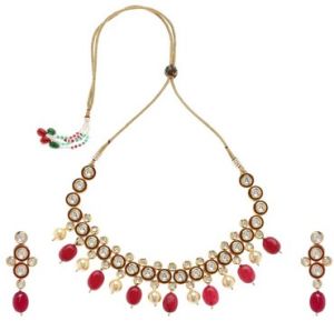 Red Minakari Woman Kundan Necklace Set Collar Style