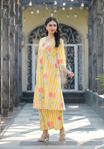 Womens Cotton A Line Printed Kurta Pant Set