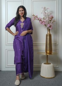 Womens Dola Silk Zardosi Work Kurta Pant And Dupatta Set