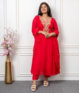 Womens Soft Organza Anarkali Style Kurta, Pant & Dupatta Set