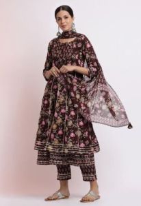Brown Floral Printed Cotton Kurta Set With Dupatta