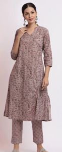 Mauve Floral Printed Pure Cotton Kurta Set