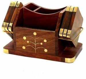 Stylish Sheesham Wood Desk Organizer Coaster Set