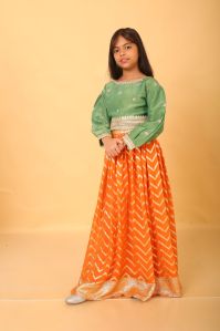 Girls Green and Orange Top Lehenga Set