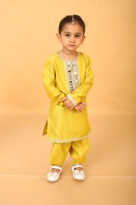 Kids Yellow Plain Silk Salwar Suit Set