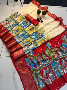 Sola Silk Saree With Kalamkari Print