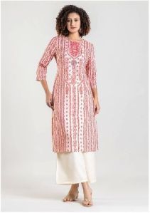 Ladies Cotton Round Neck Pink Printed Designer Kurti