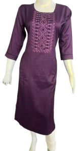 Wine Rayon Embroidered Kurti L Casual Wear