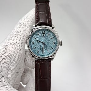 Rolex Perpetual 1908 Silver Blue Dial Brown Leather Strap Swiss Automatic Watch