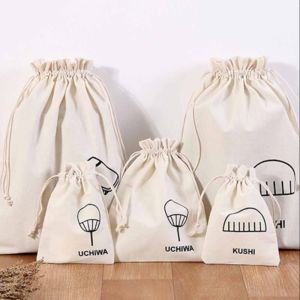 Printed Cotton Canvas Drawstring Bag, Color : Off White