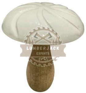 Glossy White Mushroom Sculpture with Wood Stem