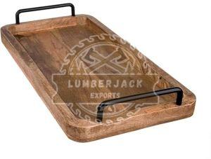 Modern Wooden Serving Tray with Metal Handles