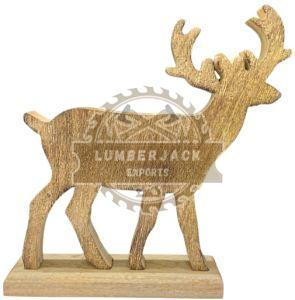 Wooden Carved Deer Sculpture with Raised Antlers