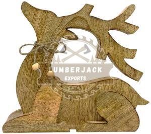 Wooden Seated Reindeer Sculpture with Twine Bow