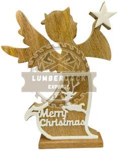 Wooden Star Holding Angel Sculpture with Cutout Stars