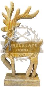 Wooden  Whimsical Reindeer Sculpture with Silver Bow