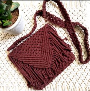 Cotton Maroon Handmade Macrame Shoulder Sling Bag