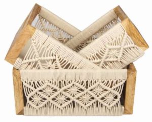 Wooden Frame Macrame Storage Basket, Color : White