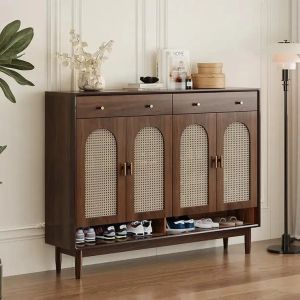 Brown Wooden Cane Shoe Cabinet