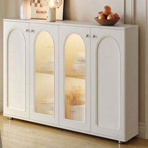 Modern White Wooden Crockery Cabinet with Glass Doors