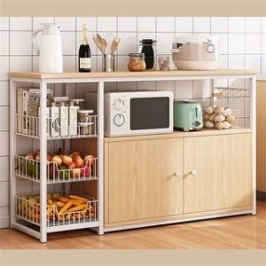 Modern Wooden Kitchen Storage Cabinet with Shelves and Baskets