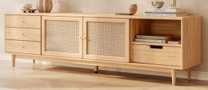 Solid Wood Free Standing Wooden Cane TV Cabinet